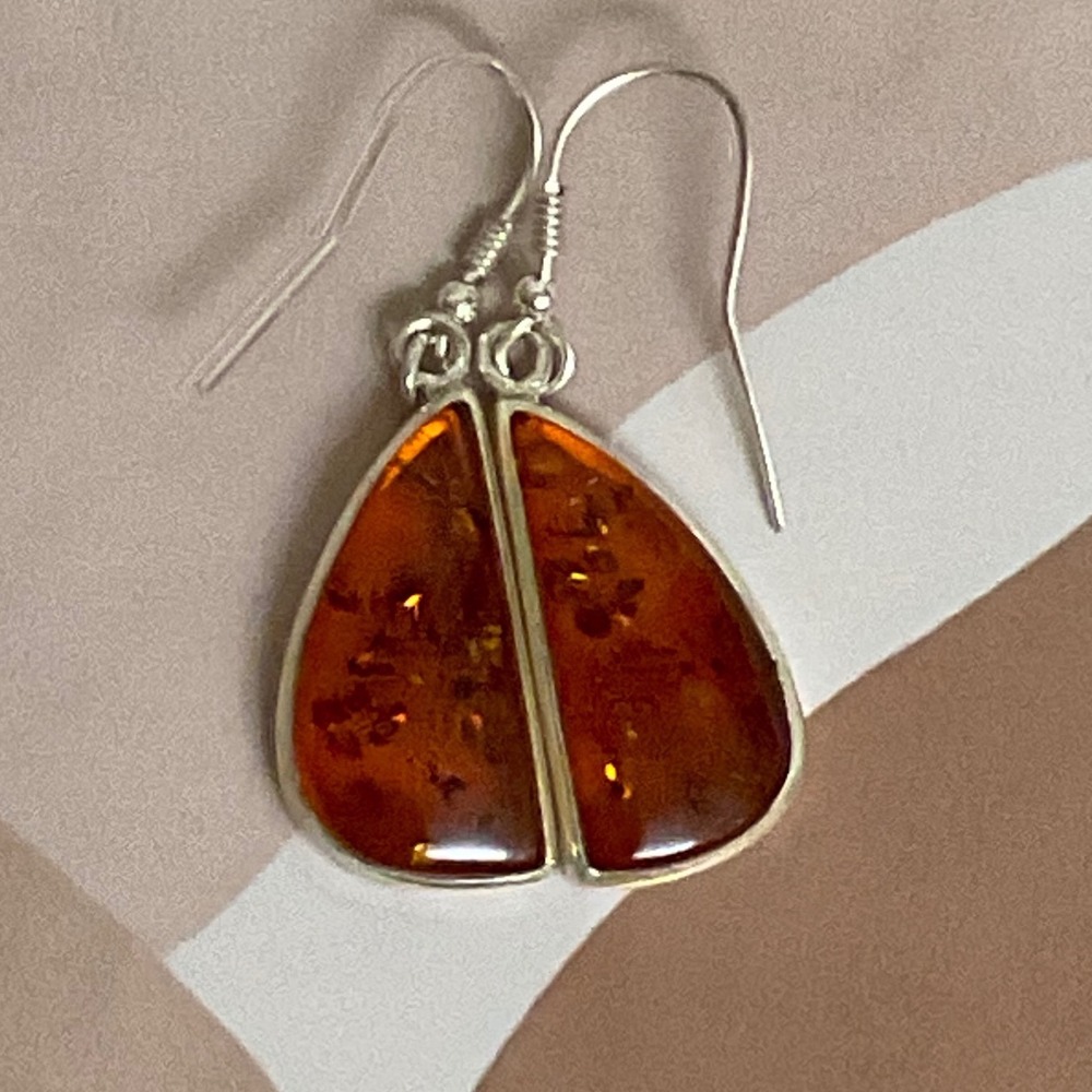 Amber Drop Earrings Cognac Brown Sterling Silver